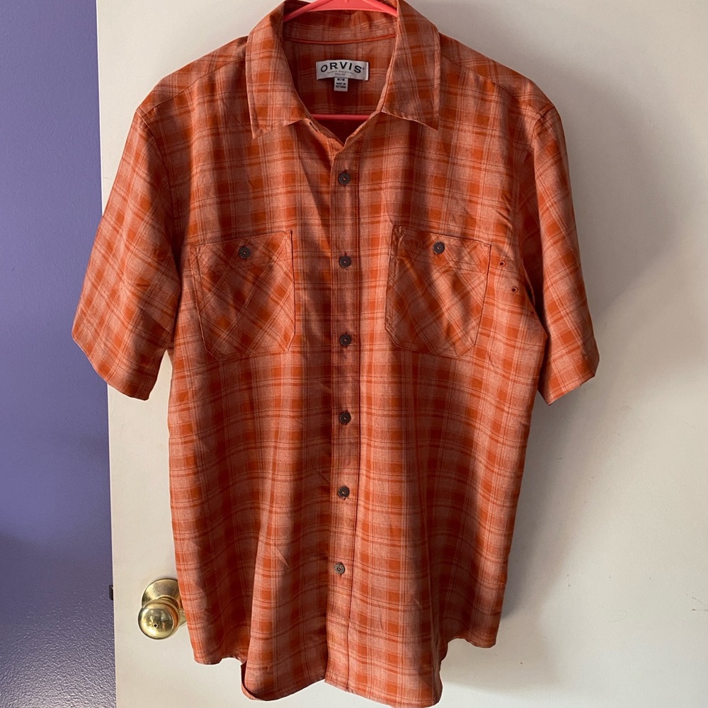 Orvis Men's Orange Plaid Short Sleeve Vented Shirt